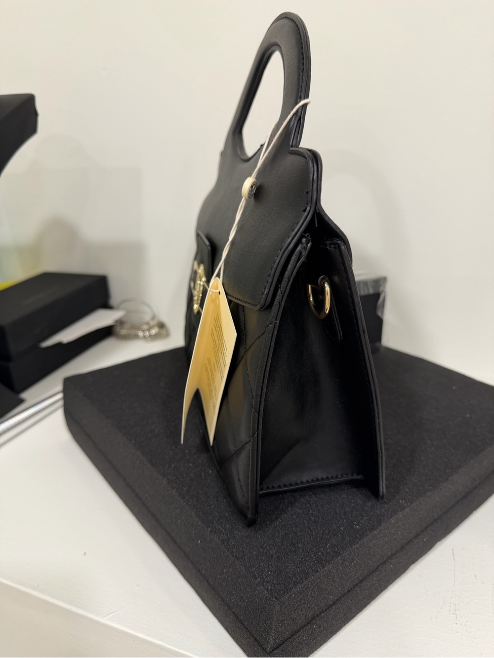 NWT Valentino Orlandi Black Quilted Top-Handle Bag with Gold Accent W/ Crossbody - Picture 5 of 9